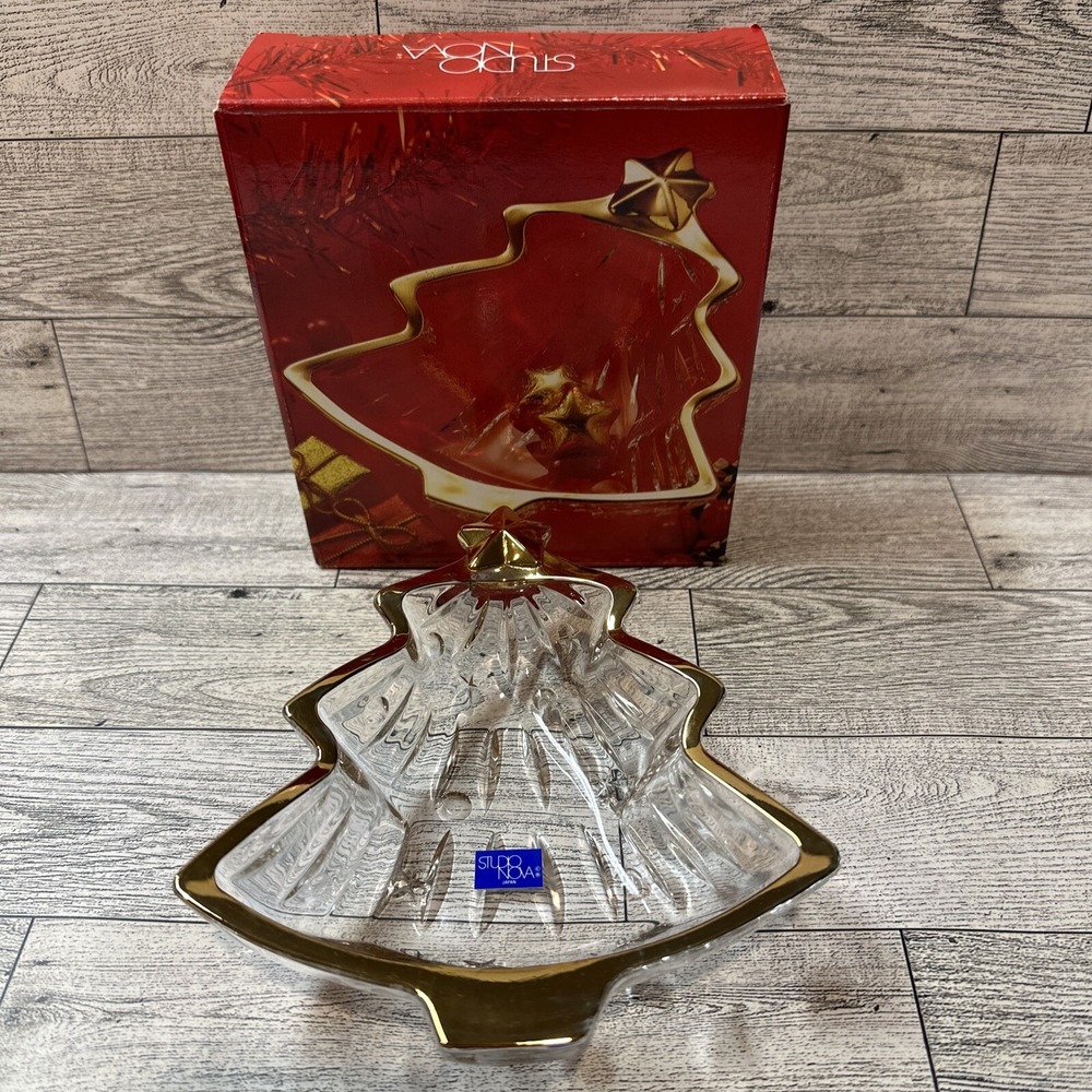 STUDIO NOVA 6 x 1.5" Christmas Tree Candy Dish Goldtone Trim‎ Yuletide Spirit
